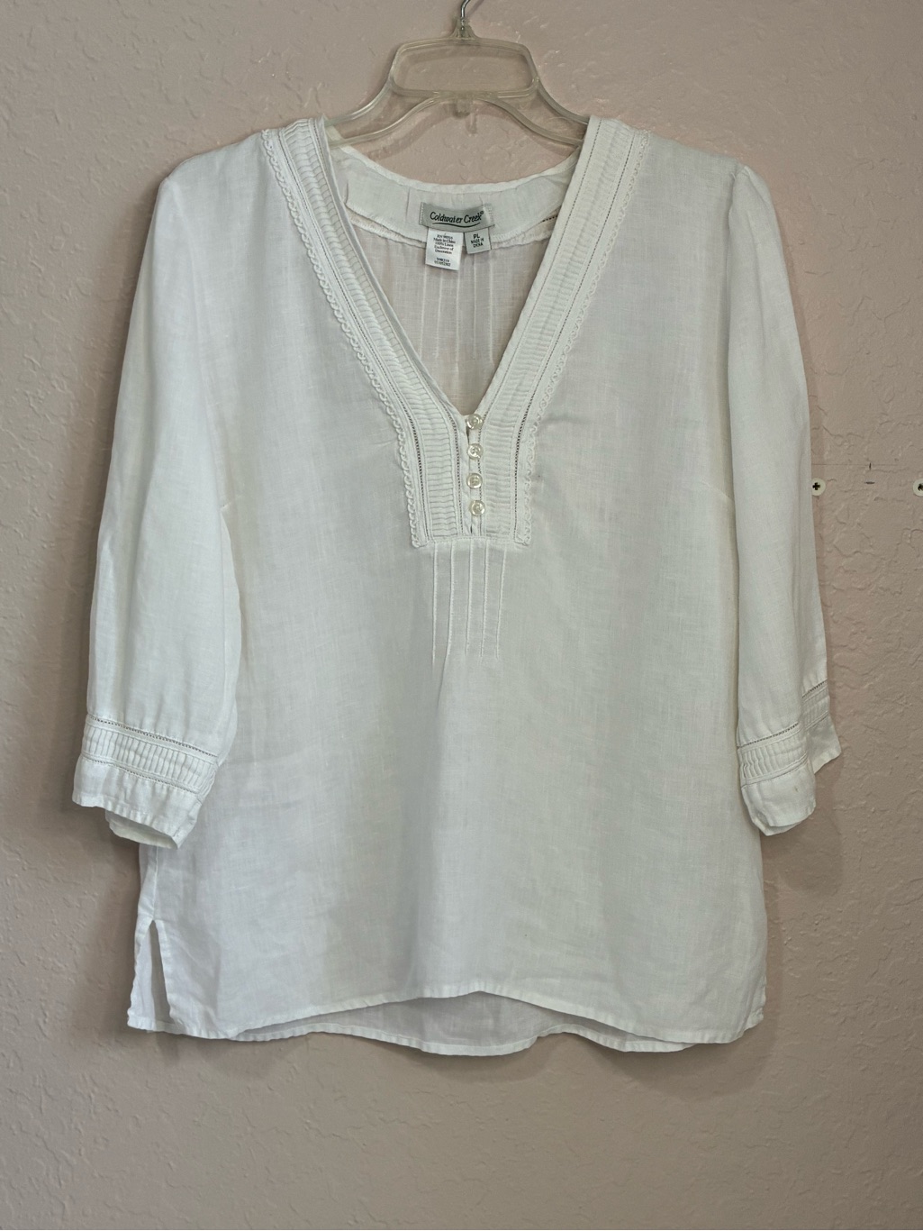 Coldwater Creek Linen Top Woman’s Large Petite P/L White 3/4 Sleeve Summer Vacay